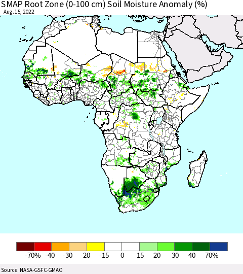 Africa SMAP Root Zone (0-100 cm) Soil Moisture Anomaly (%) Thematic Map For 8/11/2022 - 8/15/2022