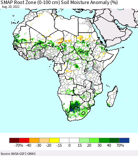 Africa SMAP Root Zone (0-100 cm) Soil Moisture Anomaly (%) Thematic Map For 8/16/2022 - 8/20/2022