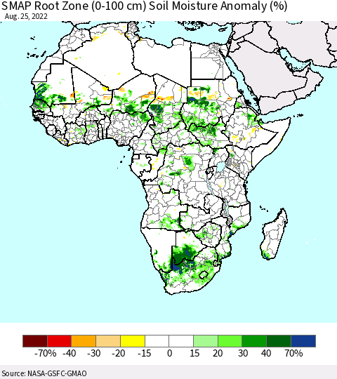 Africa SMAP Root Zone (0-100 cm) Soil Moisture Anomaly (%) Thematic Map For 8/21/2022 - 8/25/2022