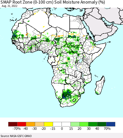 Africa SMAP Root Zone (0-100 cm) Soil Moisture Anomaly (%) Thematic Map For 8/26/2022 - 8/31/2022