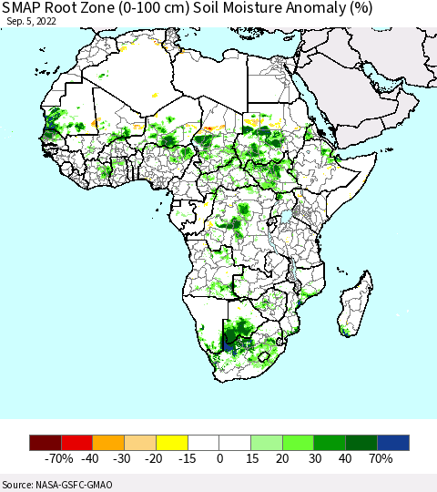 Africa SMAP Root Zone (0-100 cm) Soil Moisture Anomaly (%) Thematic Map For 9/1/2022 - 9/5/2022