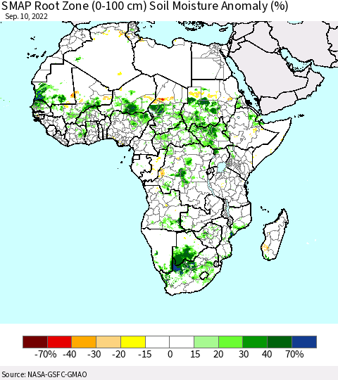 Africa SMAP Root Zone (0-100 cm) Soil Moisture Anomaly (%) Thematic Map For 9/6/2022 - 9/10/2022