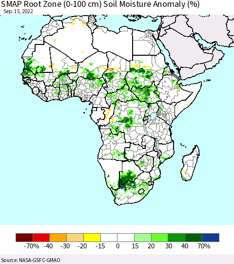 Africa SMAP Root Zone (0-100 cm) Soil Moisture Anomaly (%) Thematic Map For 9/11/2022 - 9/15/2022
