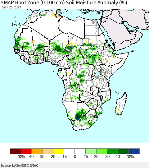 Africa SMAP Root Zone (0-100 cm) Soil Moisture Anomaly (%) Thematic Map For 9/21/2022 - 9/25/2022
