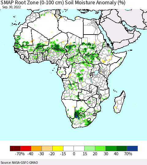 Africa SMAP Root Zone (0-100 cm) Soil Moisture Anomaly (%) Thematic Map For 9/26/2022 - 9/30/2022