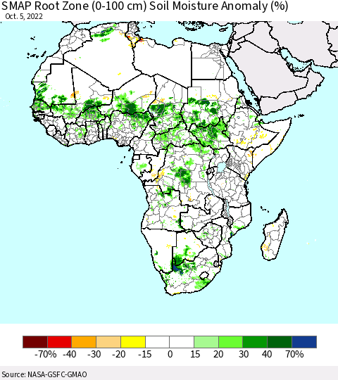 Africa SMAP Root Zone (0-100 cm) Soil Moisture Anomaly (%) Thematic Map For 10/1/2022 - 10/5/2022