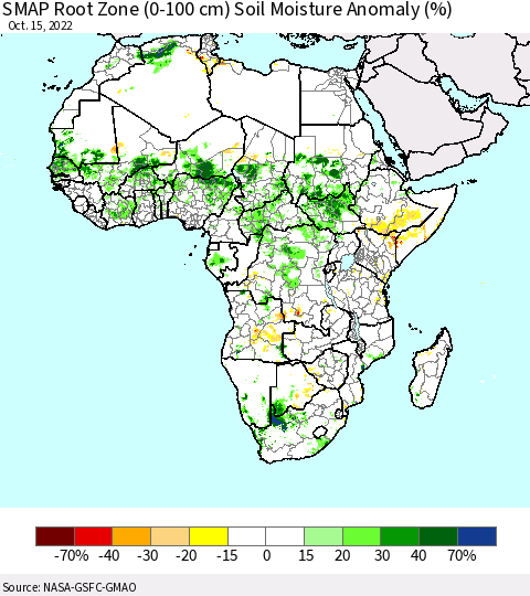 Africa SMAP Root Zone (0-100 cm) Soil Moisture Anomaly (%) Thematic Map For 10/11/2022 - 10/15/2022
