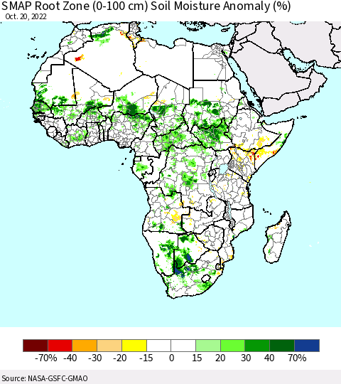 Africa SMAP Root Zone (0-100 cm) Soil Moisture Anomaly (%) Thematic Map For 10/16/2022 - 10/20/2022