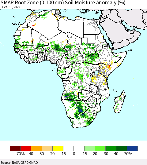 Africa SMAP Root Zone (0-100 cm) Soil Moisture Anomaly (%) Thematic Map For 10/26/2022 - 10/31/2022
