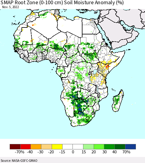Africa SMAP Root Zone (0-100 cm) Soil Moisture Anomaly (%) Thematic Map For 11/1/2022 - 11/5/2022