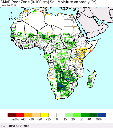 Africa SMAP Root Zone (0-100 cm) Soil Moisture Anomaly (%) Thematic Map For 11/6/2022 - 11/10/2022