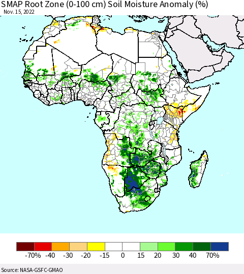 Africa SMAP Root Zone (0-100 cm) Soil Moisture Anomaly (%) Thematic Map For 11/11/2022 - 11/15/2022