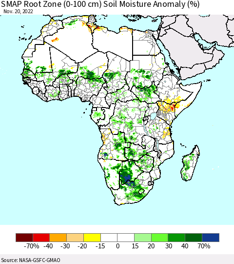 Africa SMAP Root Zone (0-100 cm) Soil Moisture Anomaly (%) Thematic Map For 11/16/2022 - 11/20/2022