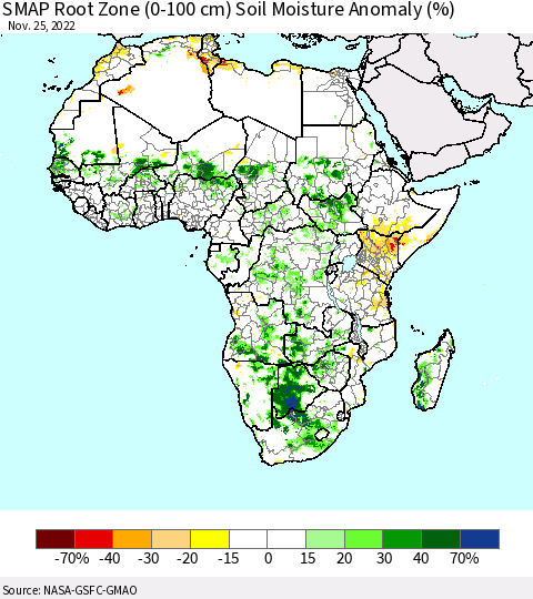 Africa SMAP Root Zone (0-100 cm) Soil Moisture Anomaly (%) Thematic Map For 11/21/2022 - 11/25/2022