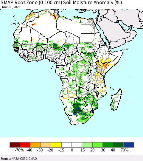 Africa SMAP Root Zone (0-100 cm) Soil Moisture Anomaly (%) Thematic Map For 11/26/2022 - 11/30/2022