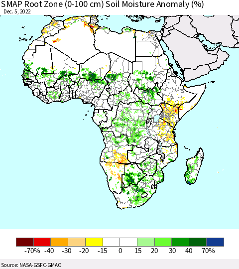 Africa SMAP Root Zone (0-100 cm) Soil Moisture Anomaly (%) Thematic Map For 12/1/2022 - 12/5/2022