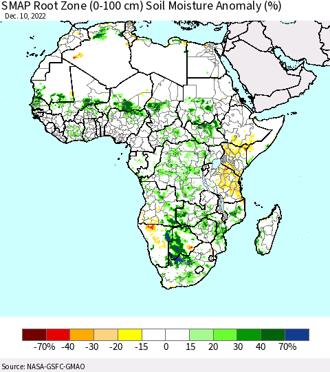 Africa SMAP Root Zone (0-100 cm) Soil Moisture Anomaly (%) Thematic Map For 12/6/2022 - 12/10/2022