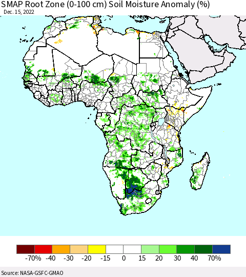 Africa SMAP Root Zone (0-100 cm) Soil Moisture Anomaly (%) Thematic Map For 12/11/2022 - 12/15/2022