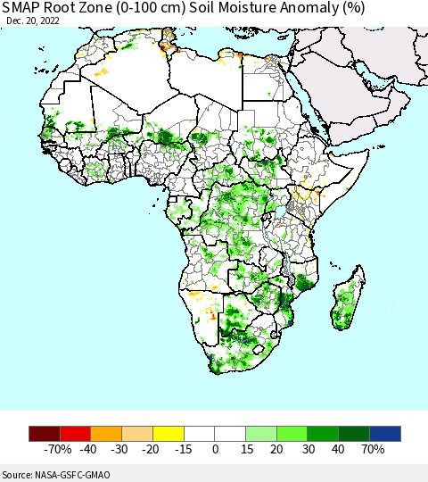 Africa SMAP Root Zone (0-100 cm) Soil Moisture Anomaly (%) Thematic Map For 12/16/2022 - 12/20/2022