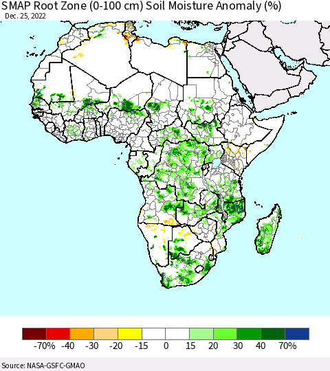 Africa SMAP Root Zone (0-100 cm) Soil Moisture Anomaly (%) Thematic Map For 12/21/2022 - 12/25/2022