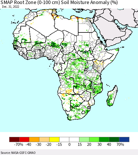 Africa SMAP Root Zone (0-100 cm) Soil Moisture Anomaly (%) Thematic Map For 12/26/2022 - 12/31/2022