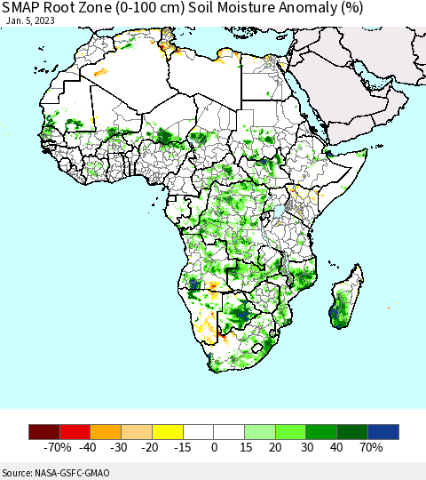 Africa SMAP Root Zone (0-100 cm) Soil Moisture Anomaly (%) Thematic Map For 1/1/2023 - 1/5/2023