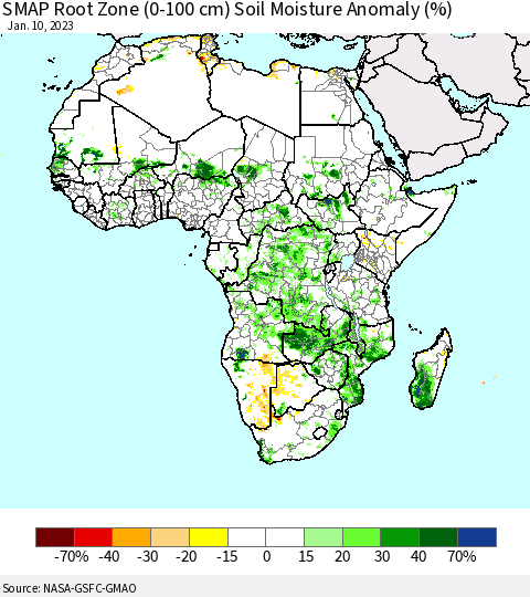 Africa SMAP Root Zone (0-100 cm) Soil Moisture Anomaly (%) Thematic Map For 1/6/2023 - 1/10/2023