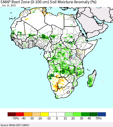 Africa SMAP Root Zone (0-100 cm) Soil Moisture Anomaly (%) Thematic Map For 1/11/2023 - 1/15/2023