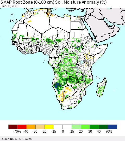 Africa SMAP Root Zone (0-100 cm) Soil Moisture Anomaly (%) Thematic Map For 1/16/2023 - 1/20/2023