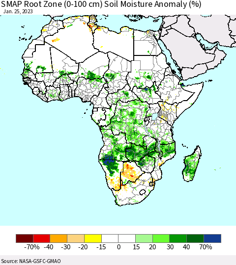 Africa SMAP Root Zone (0-100 cm) Soil Moisture Anomaly (%) Thematic Map For 1/21/2023 - 1/25/2023