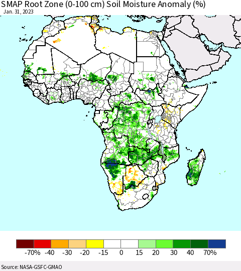 Africa SMAP Root Zone (0-100 cm) Soil Moisture Anomaly (%) Thematic Map For 1/26/2023 - 1/31/2023