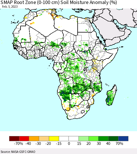 Africa SMAP Root Zone (0-100 cm) Soil Moisture Anomaly (%) Thematic Map For 2/1/2023 - 2/5/2023