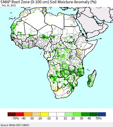 Africa SMAP Root Zone (0-100 cm) Soil Moisture Anomaly (%) Thematic Map For 2/6/2023 - 2/10/2023