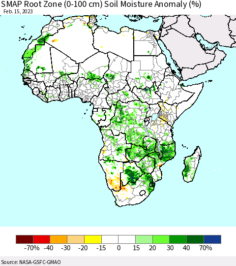 Africa SMAP Root Zone (0-100 cm) Soil Moisture Anomaly (%) Thematic Map For 2/11/2023 - 2/15/2023