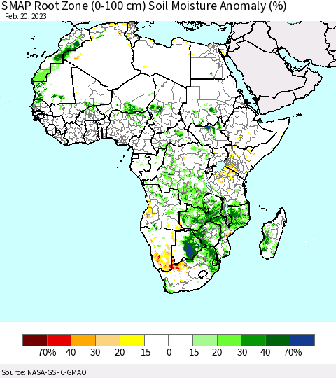 Africa SMAP Root Zone (0-100 cm) Soil Moisture Anomaly (%) Thematic Map For 2/16/2023 - 2/20/2023
