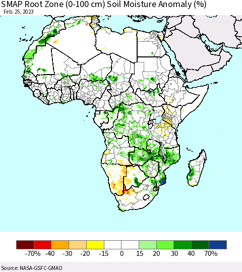 Africa SMAP Root Zone (0-100 cm) Soil Moisture Anomaly (%) Thematic Map For 2/21/2023 - 2/25/2023