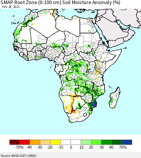 Africa SMAP Root Zone (0-100 cm) Soil Moisture Anomaly (%) Thematic Map For 2/26/2023 - 2/28/2023