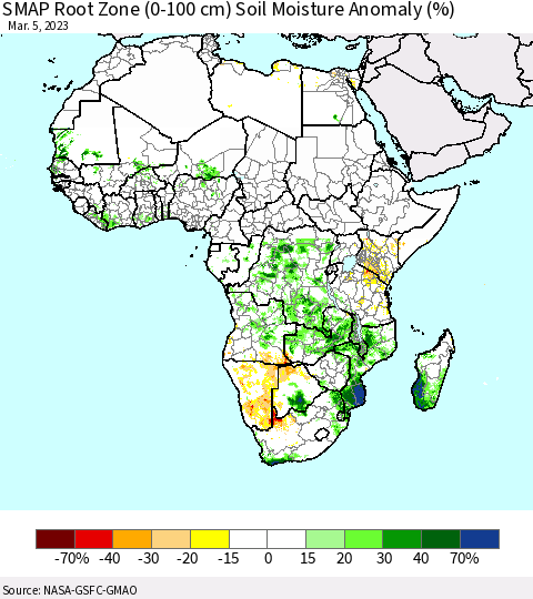 Africa SMAP Root Zone (0-100 cm) Soil Moisture Anomaly (%) Thematic Map For 3/1/2023 - 3/5/2023