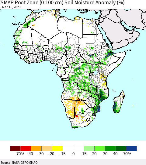 Africa SMAP Root Zone (0-100 cm) Soil Moisture Anomaly (%) Thematic Map For 3/11/2023 - 3/15/2023