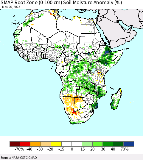 Africa SMAP Root Zone (0-100 cm) Soil Moisture Anomaly (%) Thematic Map For 3/16/2023 - 3/20/2023
