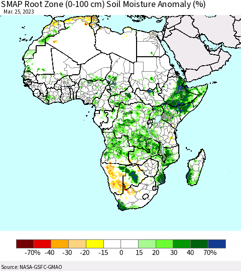 Africa SMAP Root Zone (0-100 cm) Soil Moisture Anomaly (%) Thematic Map For 3/21/2023 - 3/25/2023