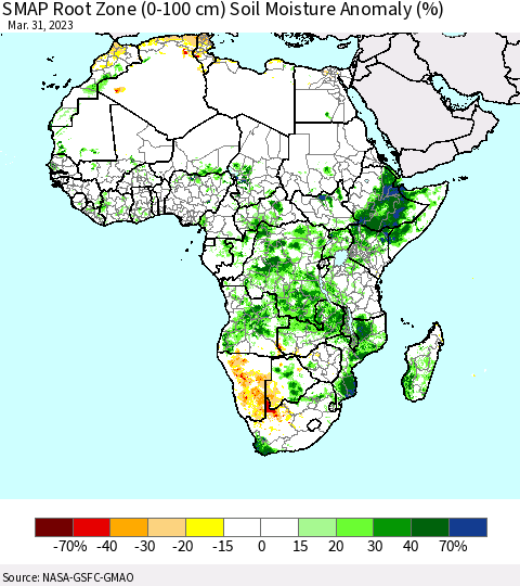 Africa SMAP Root Zone (0-100 cm) Soil Moisture Anomaly (%) Thematic Map For 3/26/2023 - 3/31/2023