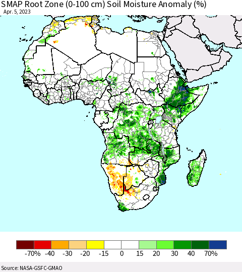 Africa SMAP Root Zone (0-100 cm) Soil Moisture Anomaly (%) Thematic Map For 4/1/2023 - 4/5/2023