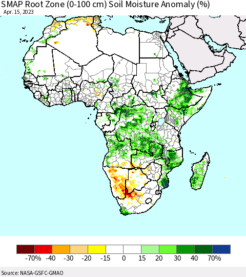 Africa SMAP Root Zone (0-100 cm) Soil Moisture Anomaly (%) Thematic Map For 4/11/2023 - 4/15/2023