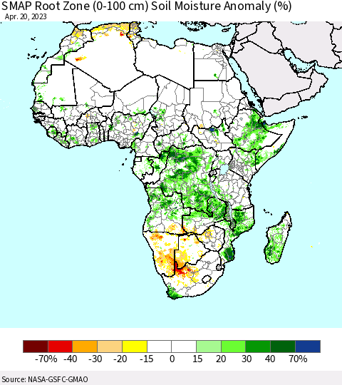 Africa SMAP Root Zone (0-100 cm) Soil Moisture Anomaly (%) Thematic Map For 4/16/2023 - 4/20/2023