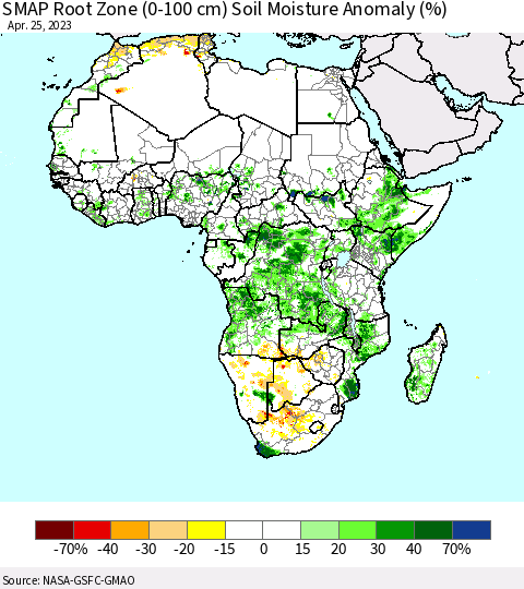 Africa SMAP Root Zone (0-100 cm) Soil Moisture Anomaly (%) Thematic Map For 4/21/2023 - 4/25/2023
