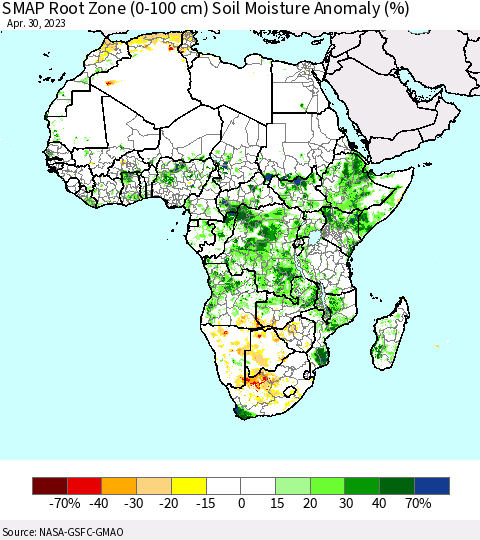 Africa SMAP Root Zone (0-100 cm) Soil Moisture Anomaly (%) Thematic Map For 4/26/2023 - 4/30/2023