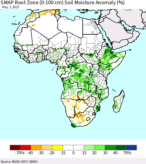Africa SMAP Root Zone (0-100 cm) Soil Moisture Anomaly (%) Thematic Map For 5/1/2023 - 5/5/2023