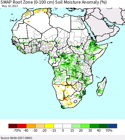 Africa SMAP Root Zone (0-100 cm) Soil Moisture Anomaly (%) Thematic Map For 5/6/2023 - 5/10/2023