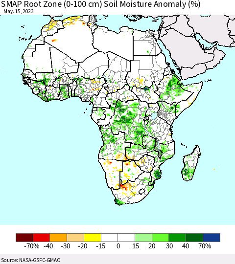 Africa SMAP Root Zone (0-100 cm) Soil Moisture Anomaly (%) Thematic Map For 5/11/2023 - 5/15/2023